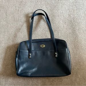 Vintage Luxury Christian Dior Purse Navy Blue Gold Plaque Medium Pockets